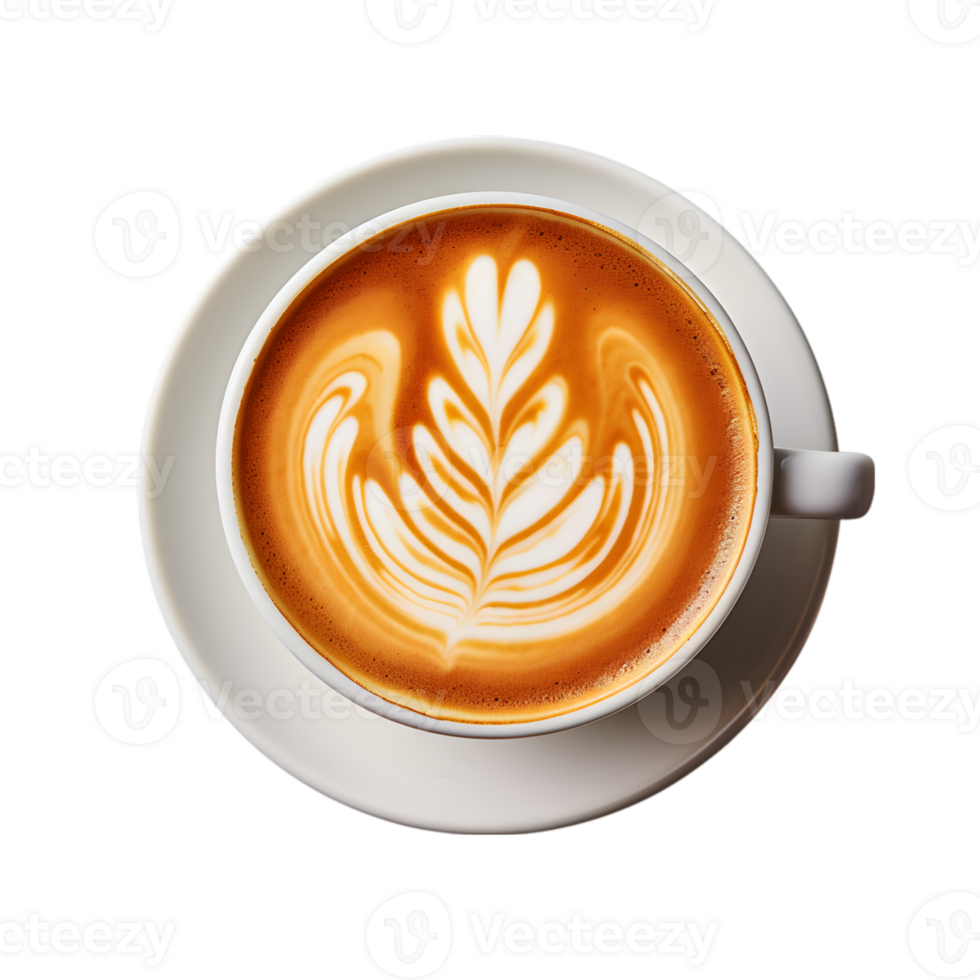 coffee cup latte art, top view isolated on a transparent background png