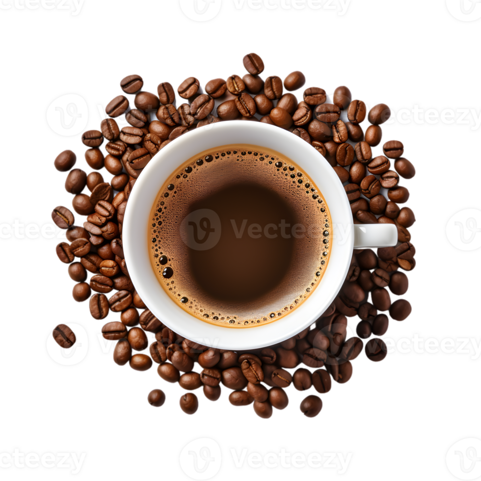cup of black coffee with coffee beans, top view isolated on a transparent background png