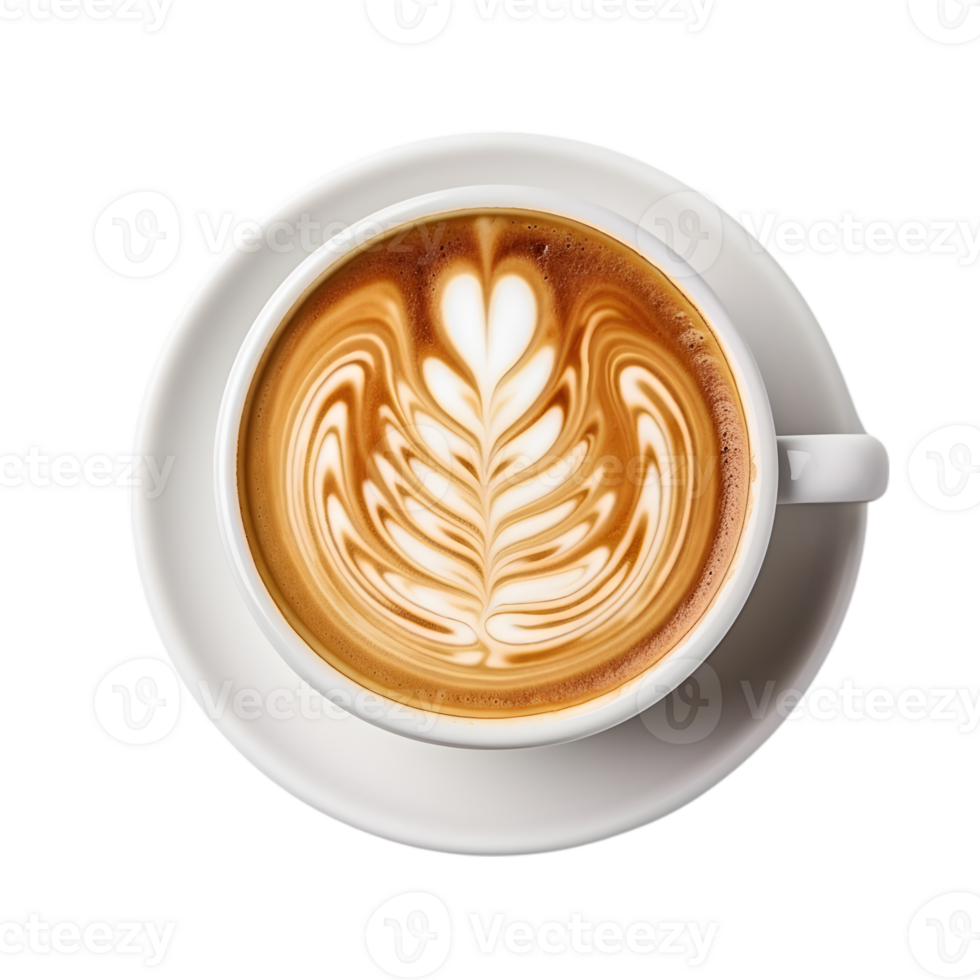 coffee cup latte art, top view isolated on a transparent background