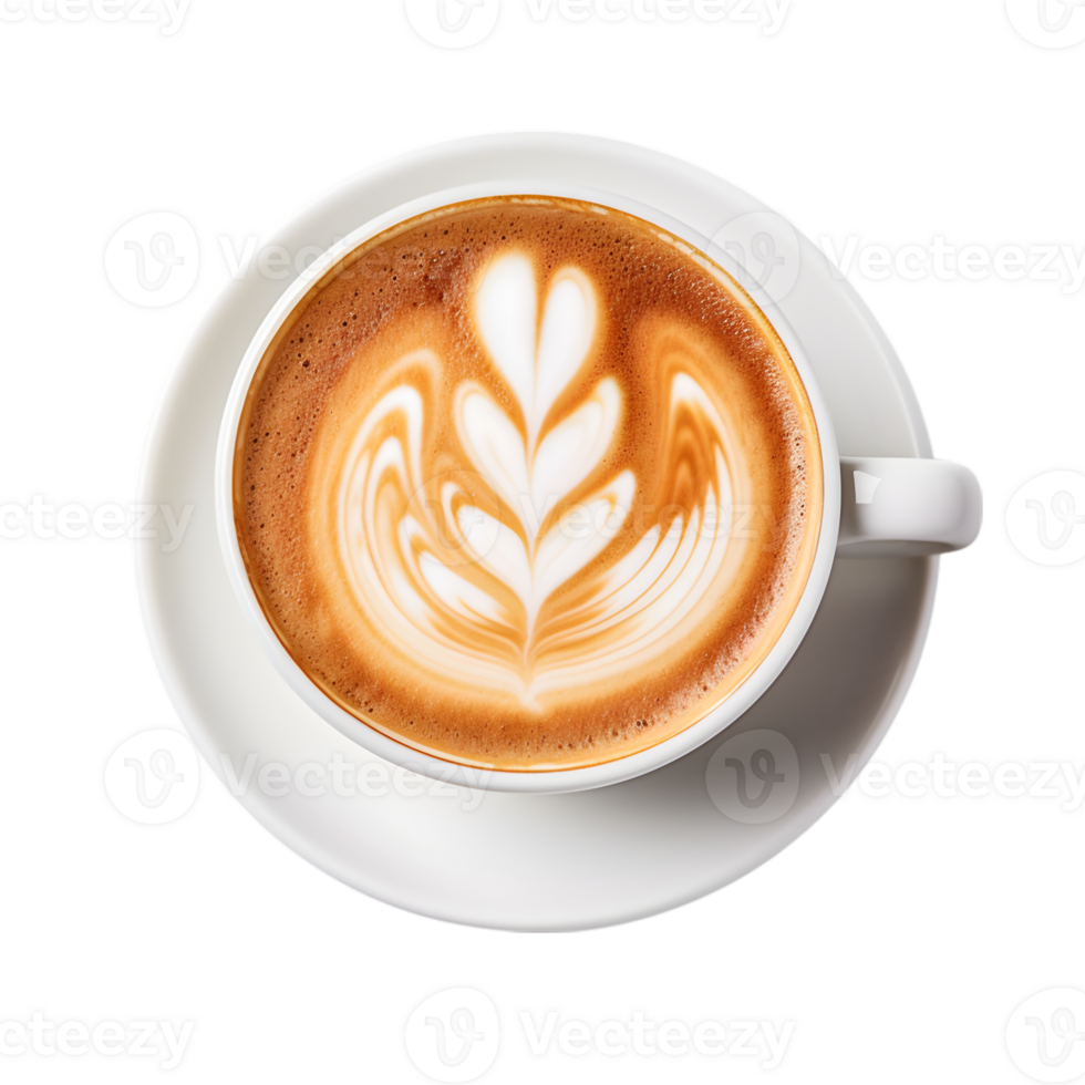 coffee cup latte art, top view isolated on a transparent background png