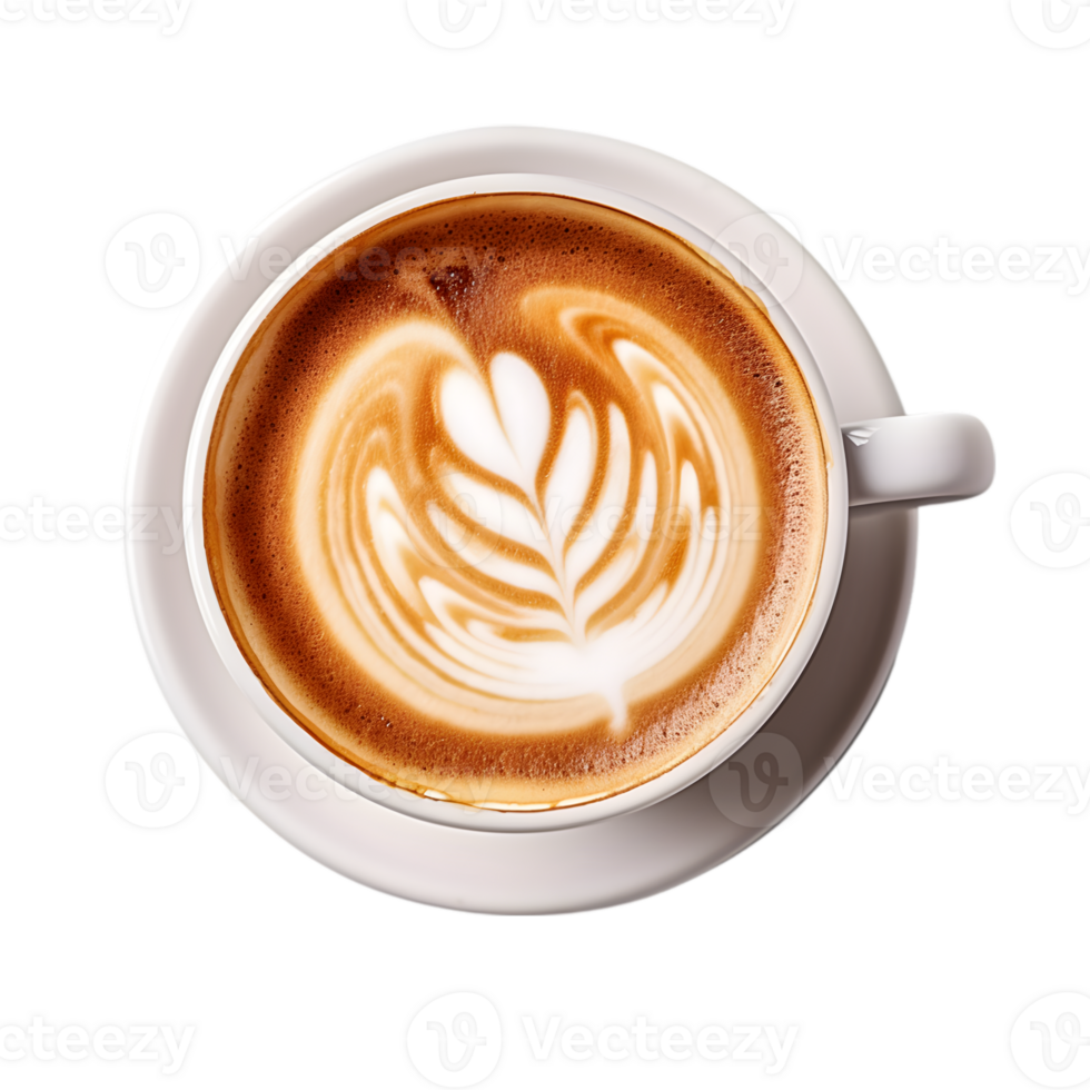 coffee cup latte art, top view isolated on a transparent background png