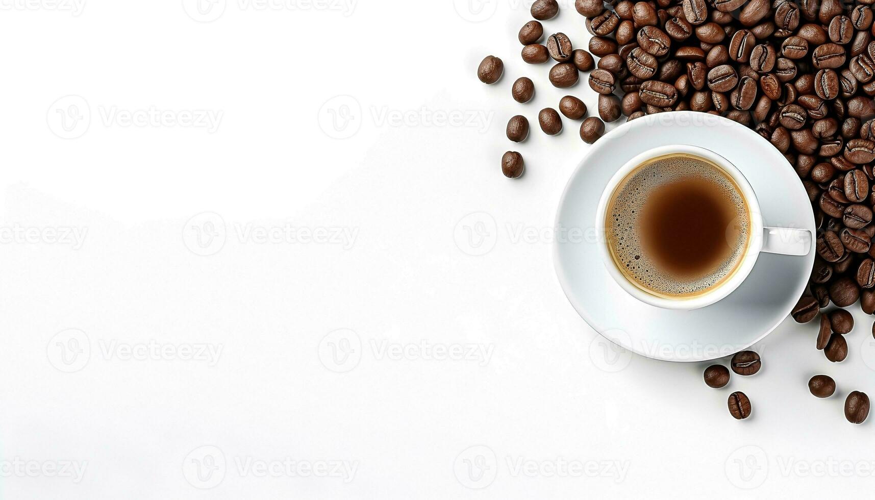 cup of black coffee with coffee beans, top view isolated on a transparent background photo