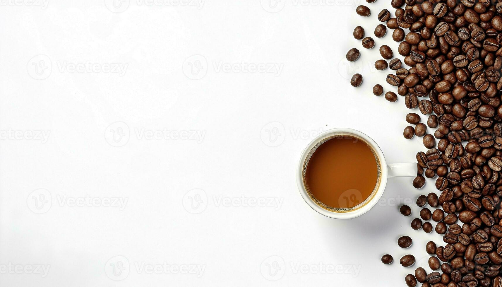 cup of black coffee with coffee beans, top view isolated on a transparent background photo