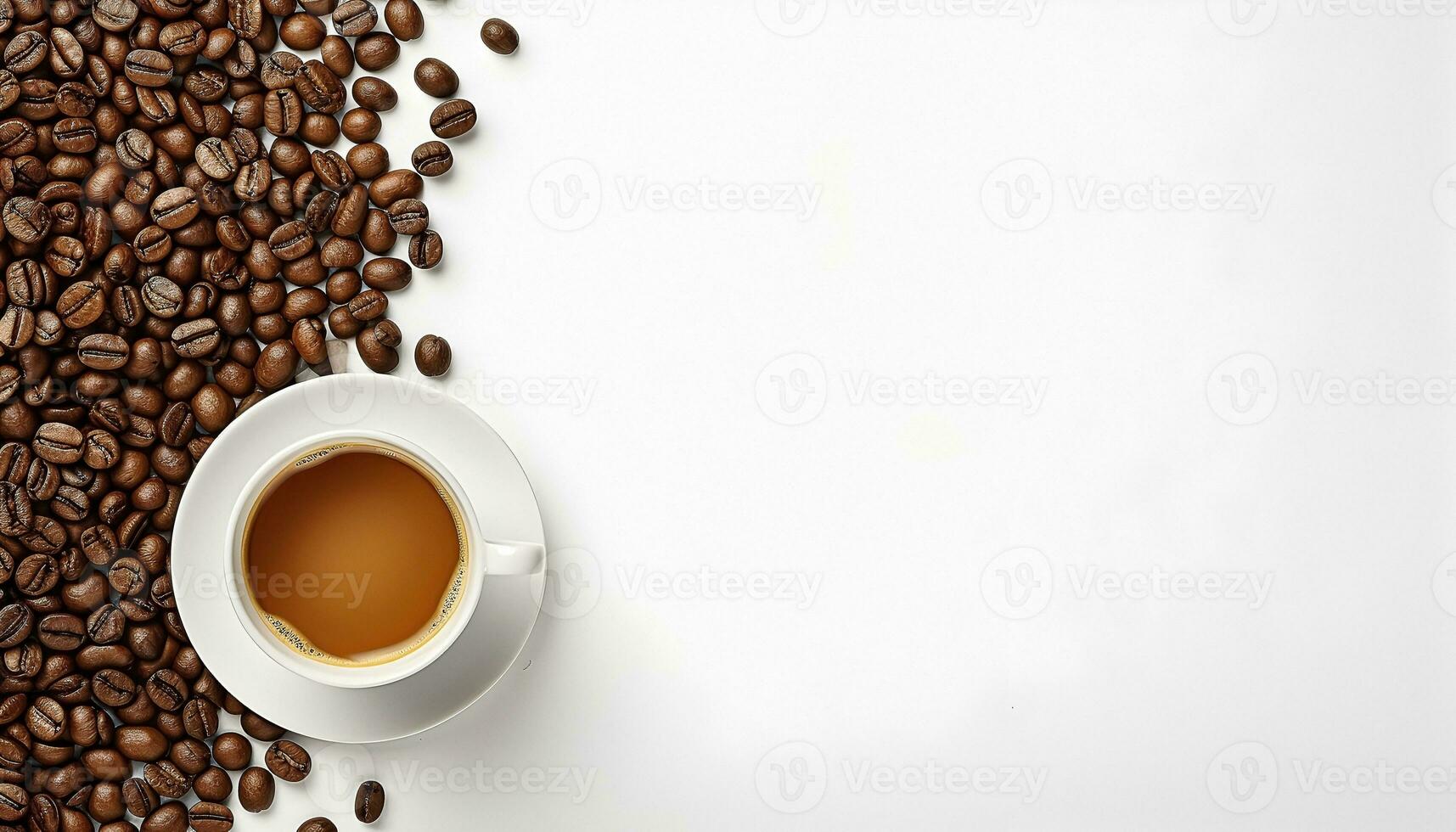 cup of black coffee with coffee beans, top view isolated on a transparent background photo