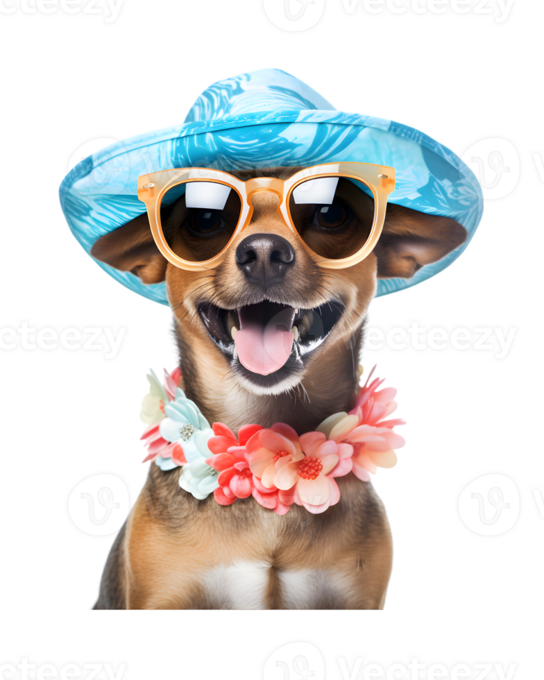 close-up photo of a happy dog wearing a summer hat and cool looking glasses isolated on a transparent background png