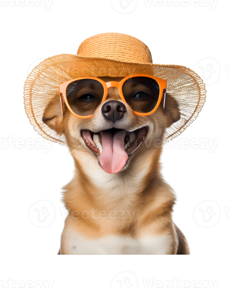 close-up photo of a happy dog wearing a summer hat and cool looking glasses isolated on a transparent background png
