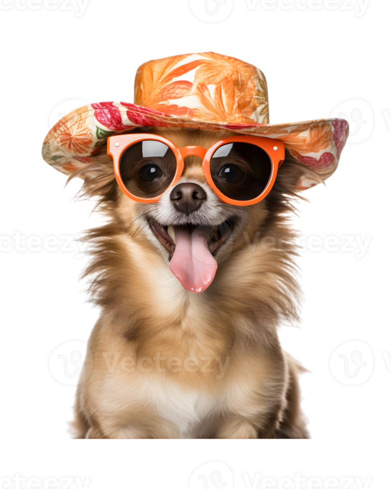 close-up photo of a happy dog wearing a summer hat and cool looking glasses isolated on a transparent background png