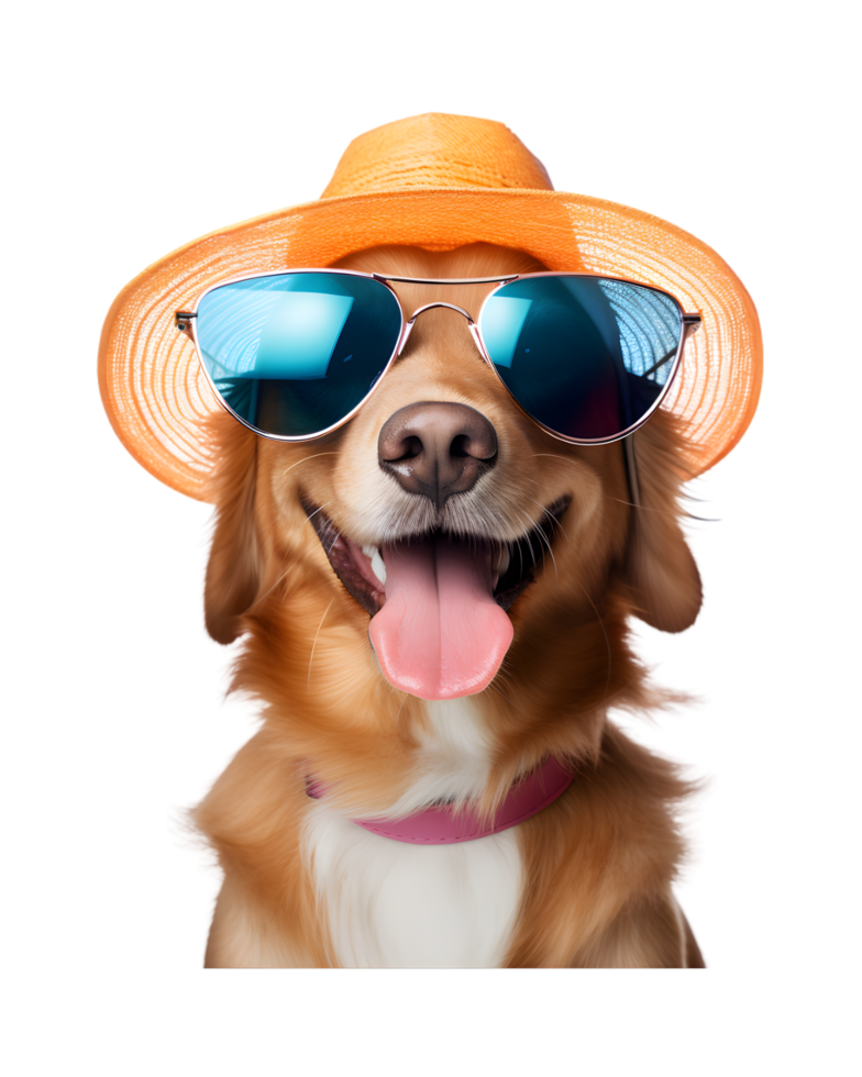 close-up photo of a happy dog wearing a summer hat and cool looking glasses isolated on a transparent background png