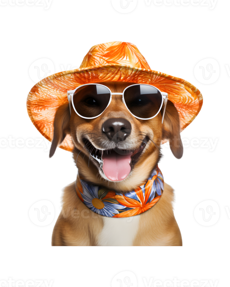 close-up photo of a happy dog wearing a summer hat and cool looking glasses isolated on a transparent background png