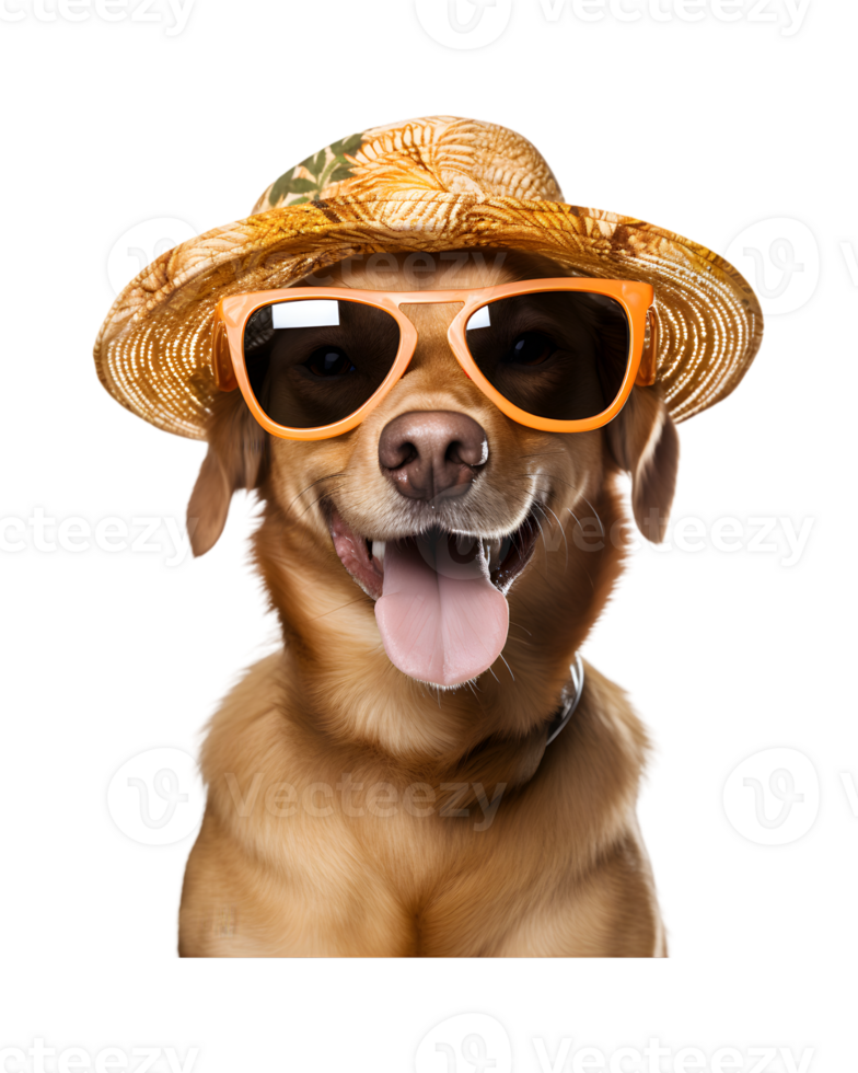 close-up photo of a happy dog wearing a summer hat and cool looking glasses isolated on a transparent background png