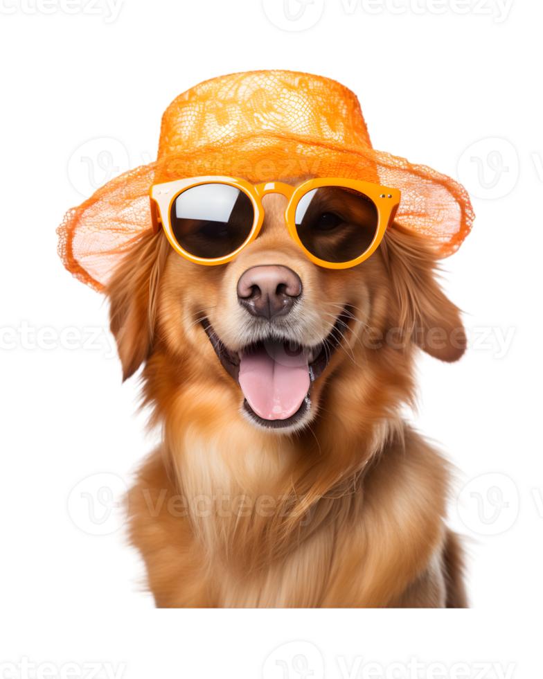 close-up photo of a happy dog wearing a summer hat and cool looking glasses isolated on a transparent background png