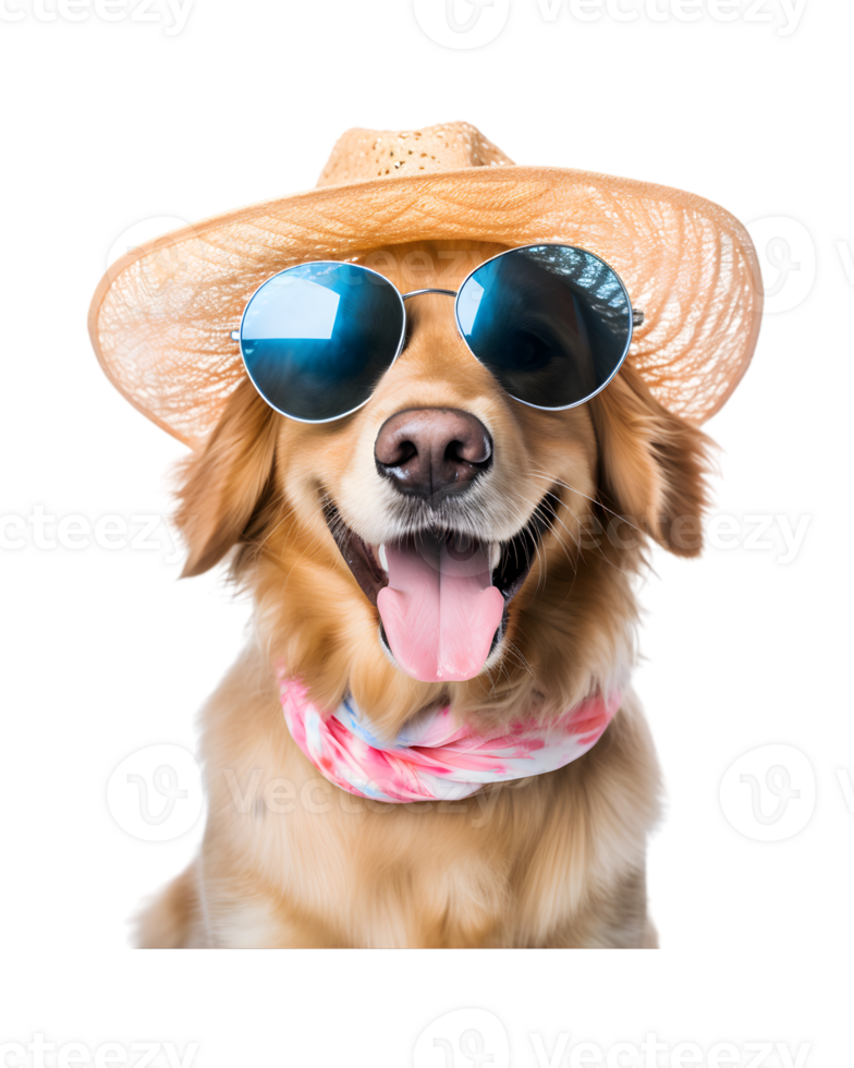 close-up photo of a happy dog wearing a summer hat and cool looking glasses isolated on a transparent background png