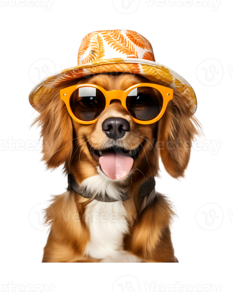 fermer photo de une content chien portant une été chapeau et cool à la recherche des lunettes isolé sur une transparent Contexte png