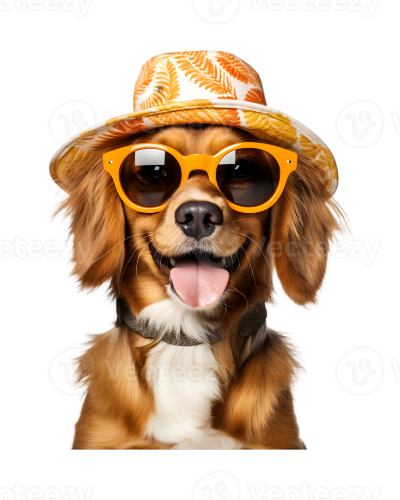 close-up photo of a happy dog wearing a summer hat and cool looking glasses isolated on a transparent background png