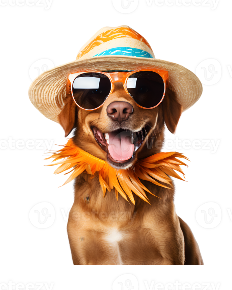 close-up photo of a happy dog wearing a summer hat and cool looking glasses isolated on a transparent background png