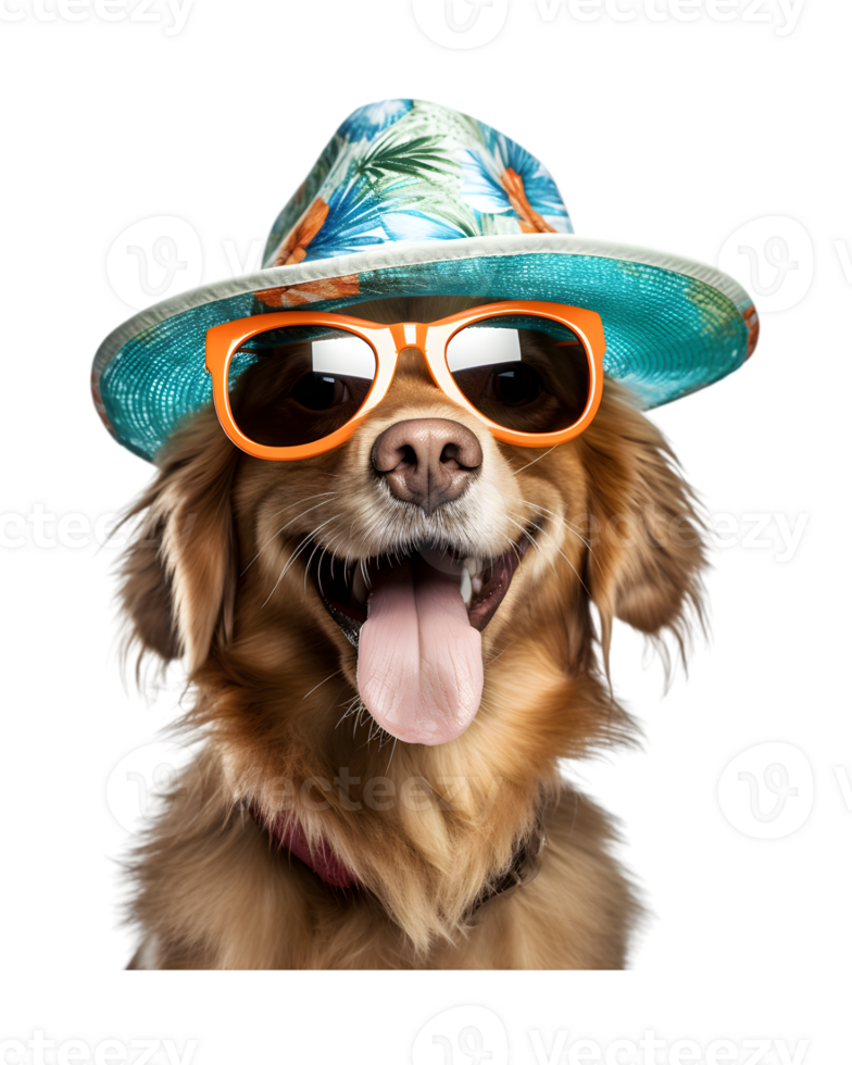 close-up photo of a happy dog wearing a summer hat and cool looking glasses isolated on a transparent background png