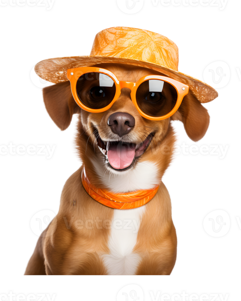 close-up photo of a happy dog wearing a summer hat and cool looking glasses isolated on a transparent background png