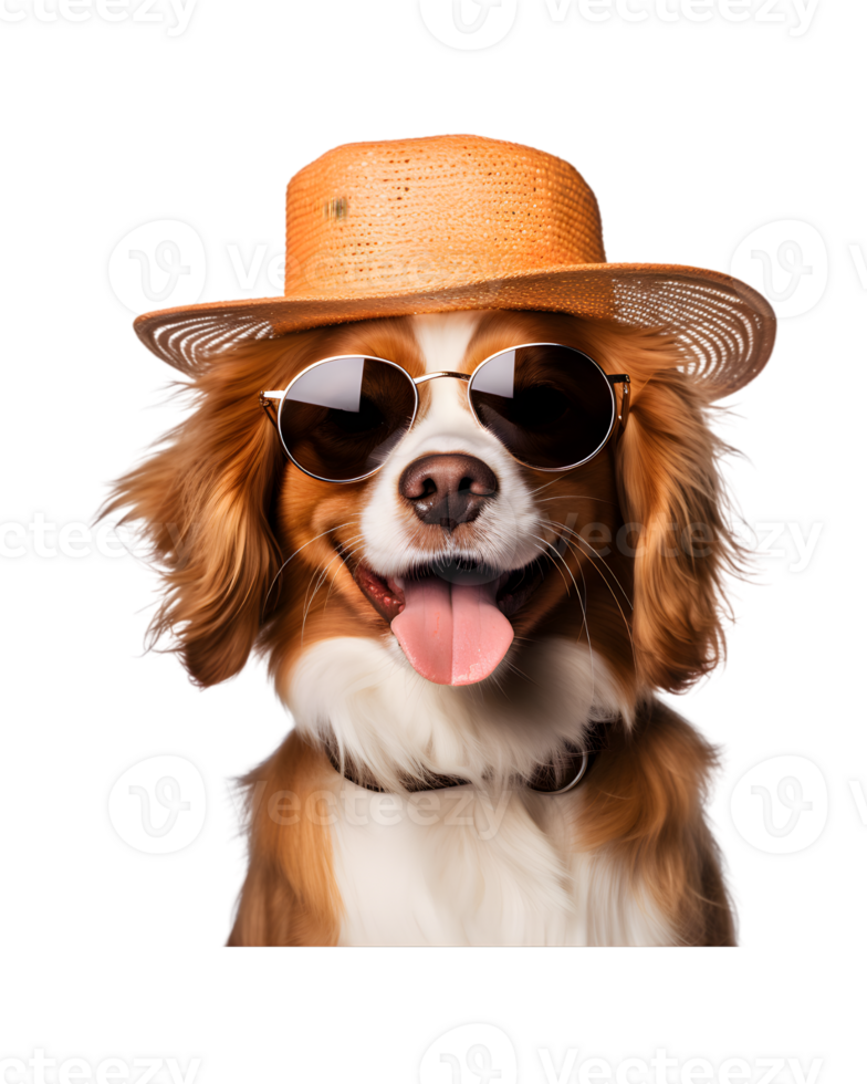 close-up photo of a happy dog wearing a summer hat and cool looking glasses isolated on a transparent background png