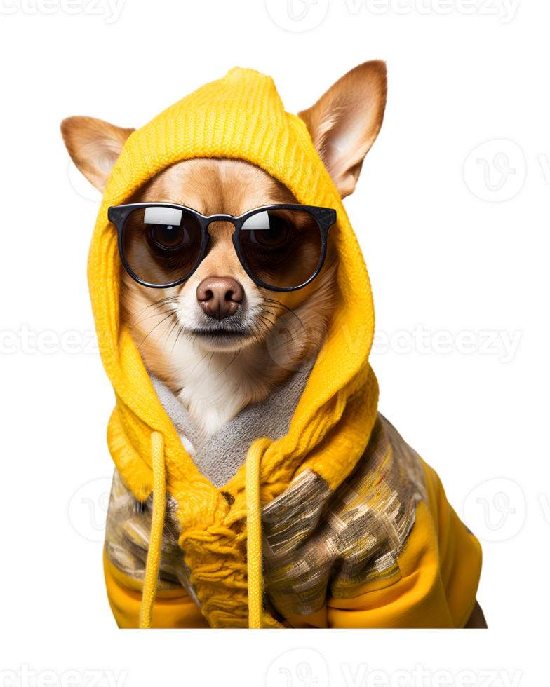 cute dog portrait posing like a model wearing a jacket and glasses isolated on a transparent background png