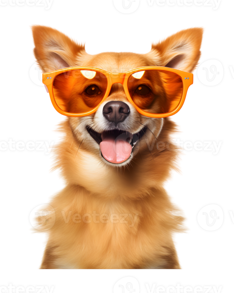 close-up photo of a happy dog wearing a summer hat and cool looking glasses isolated on a transparent background png