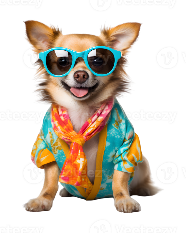 A cool looking dog wearing glasses and fashion clothes poses like a model isolated on a transparent background png
