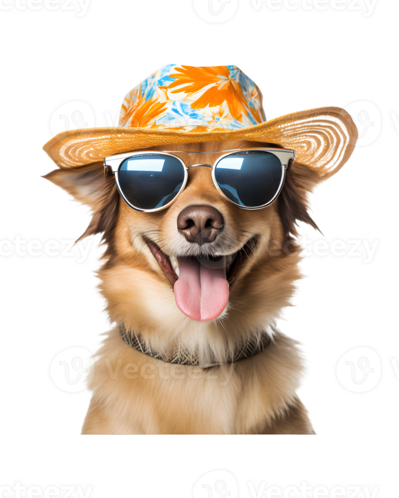 close-up photo of a happy dog wearing a summer hat and cool looking glasses isolated on a transparent background png