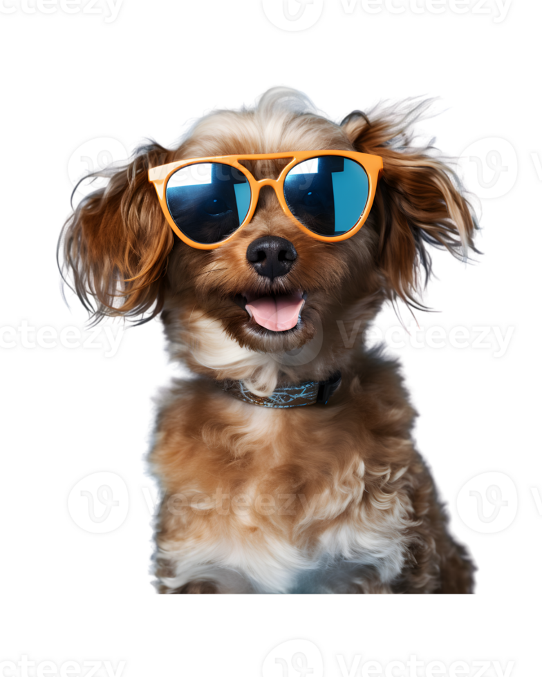close-up photo of a happy dog wearing cool looking glasses isolated on a transparent background png
