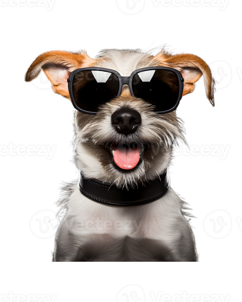 close-up photo of a happy dog wearing cool looking glasses isolated on a transparent background png