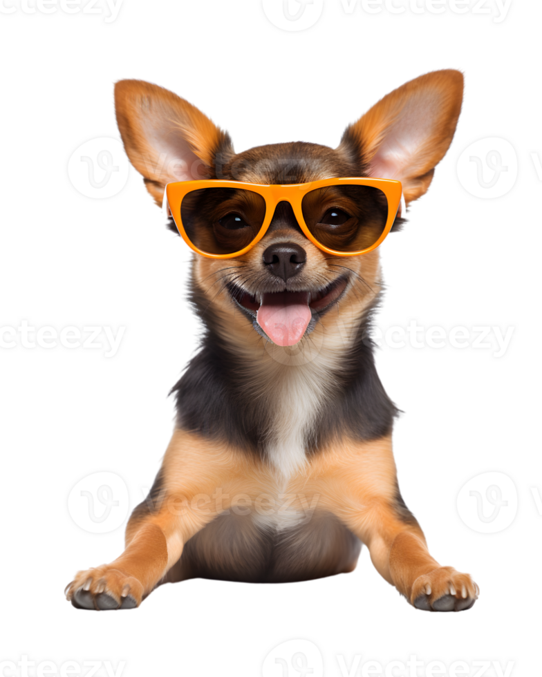 close-up photo of a happy dog wearing cool looking glasses isolated on a transparent background png