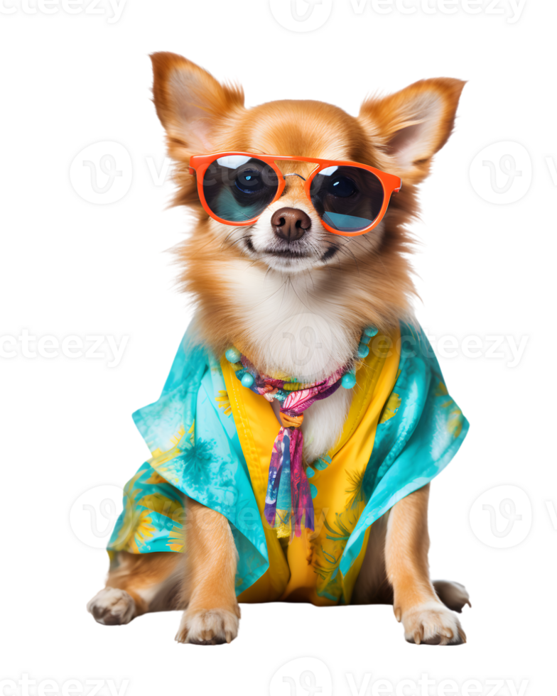A cool looking dog wearing glasses and fashion clothes poses like a model isolated on a transparent background png