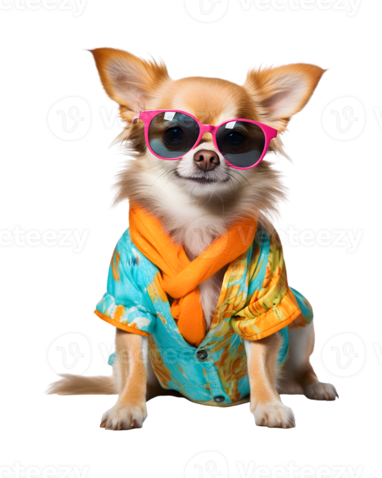 A cool looking dog wearing glasses and fashion clothes poses like a model isolated on a transparent background png