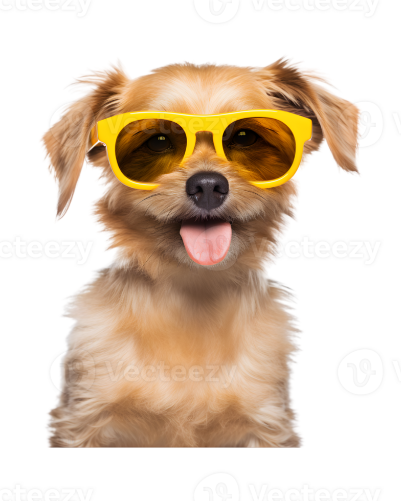 close-up photo of a happy dog wearing cool looking glasses isolated on a transparent background png