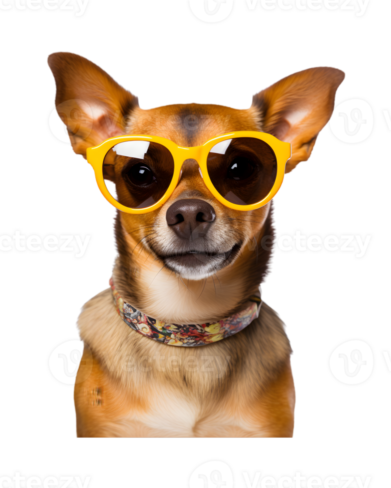 close-up photo of a happy dog wearing cool looking glasses isolated on a transparent background png