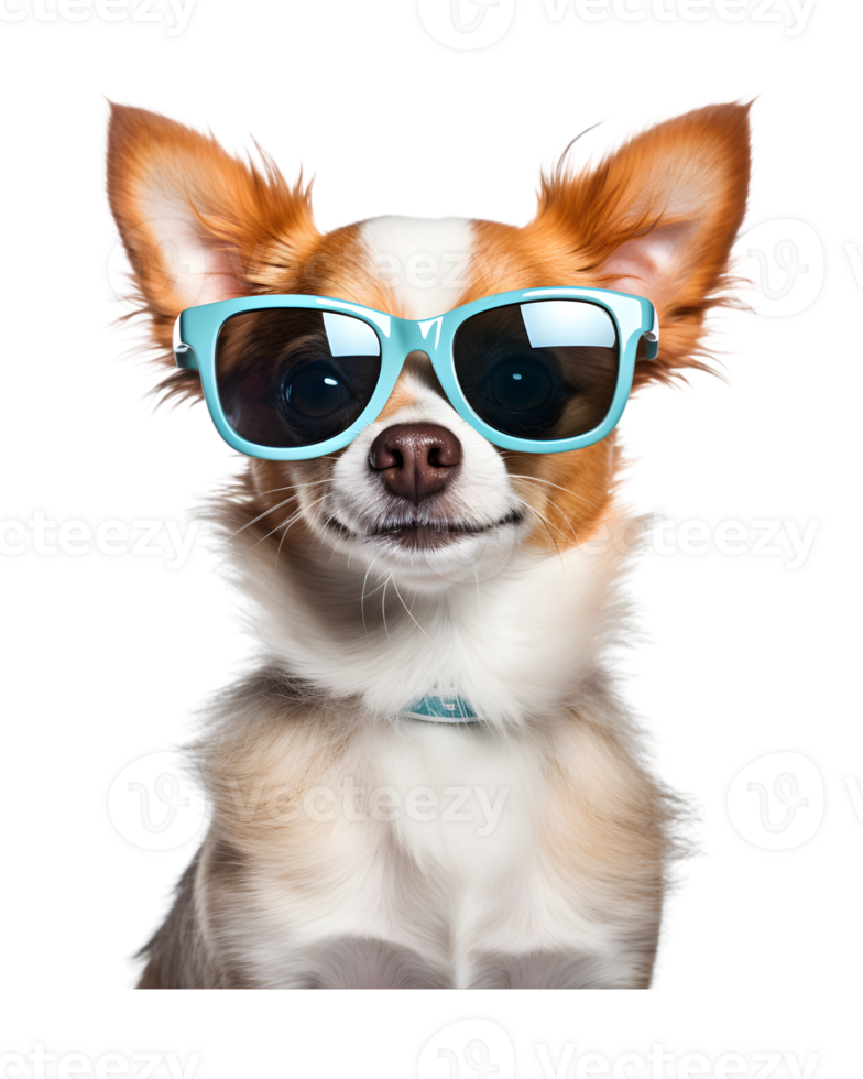 close-up photo of a happy dog wearing cool looking glasses isolated on a transparent background png