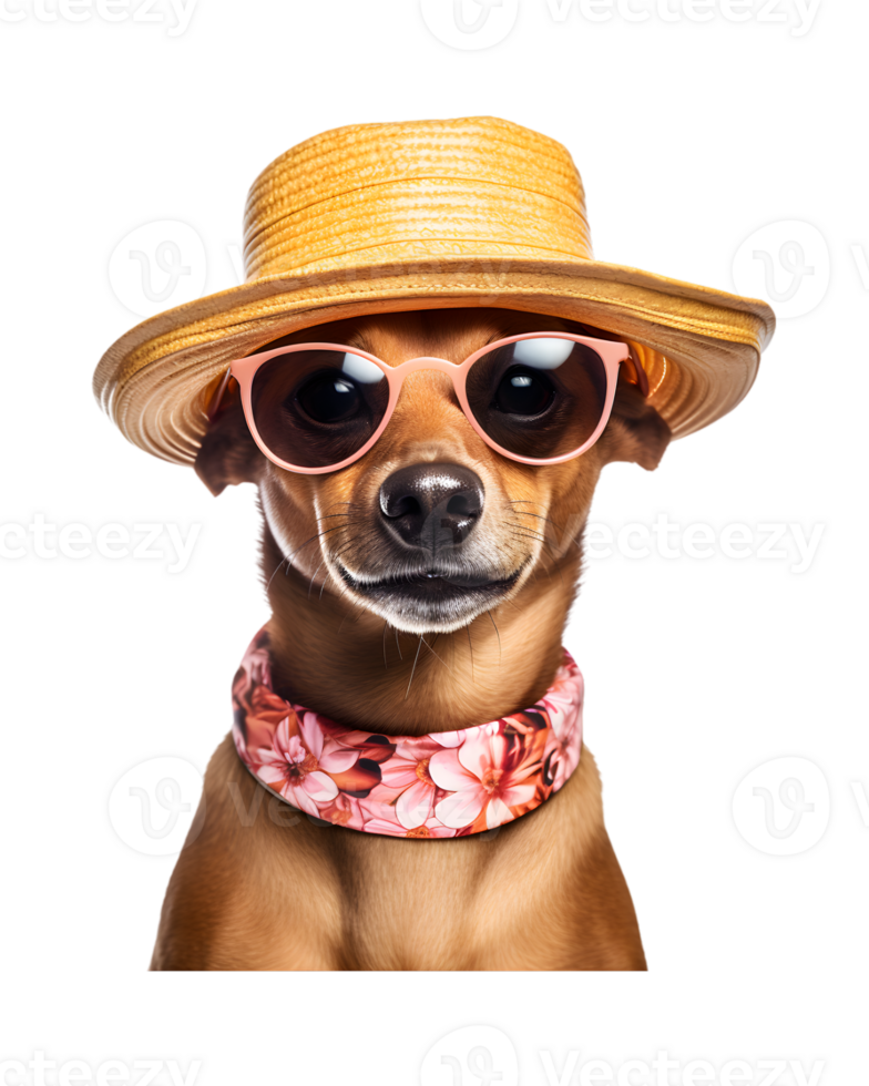 fermer photo de une content chien portant une été chapeau et cool à la recherche des lunettes isolé sur une transparent Contexte png