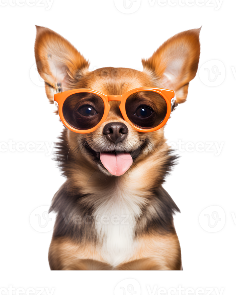 close-up photo of a happy dog wearing cool looking glasses isolated on a transparent background png