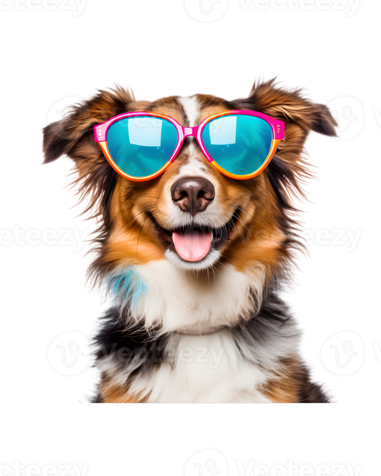 närbild Foto av en Lycklig hund bär Häftigt ser glasögon isolerat på en transparent bakgrund png