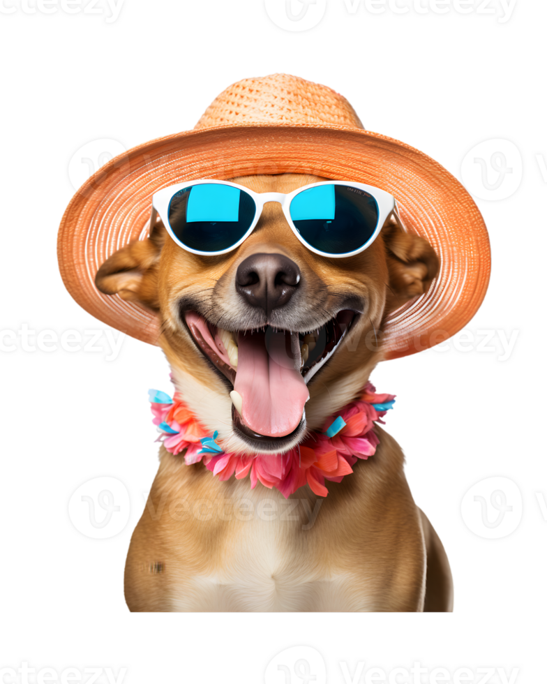 close-up photo of a happy dog wearing a summer hat and cool looking glasses isolated on a transparent background png