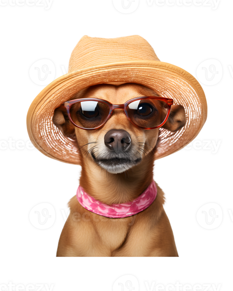 close-up photo of a happy dog wearing a summer hat and cool looking glasses isolated on a transparent background png