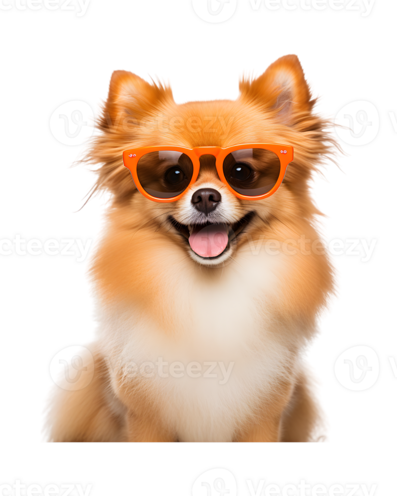 close-up photo of a happy dog wearing cool looking glasses isolated on a transparent background png