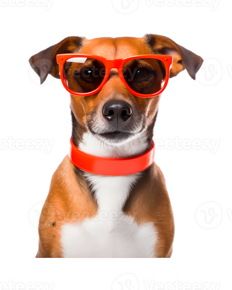 close-up photo of a happy dog wearing cool looking glasses isolated on a transparent background png