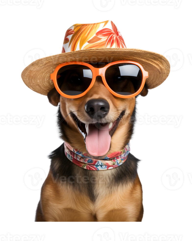 close-up photo of a happy dog wearing a summer hat and cool looking glasses isolated on a transparent background png