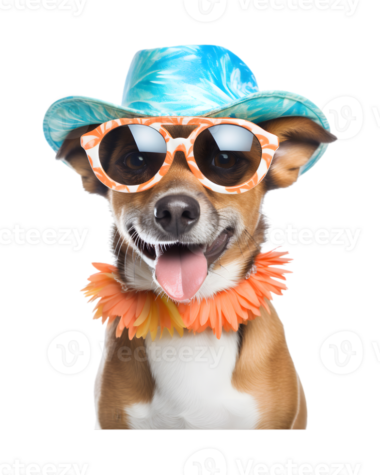 close-up photo of a happy dog wearing a summer hat and cool looking glasses isolated on a transparent background png