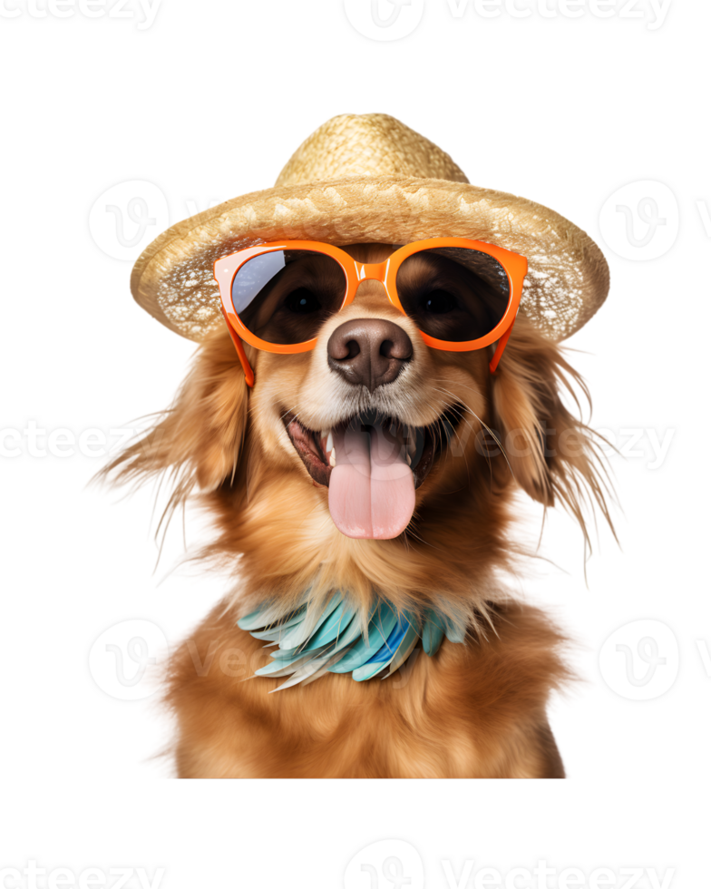close-up photo of a happy dog wearing a summer hat and cool looking glasses isolated on a transparent background png