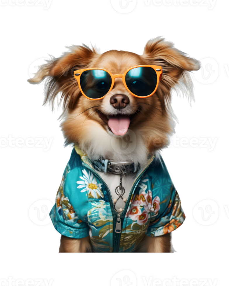 A cool looking dog wearing glasses and fashion clothes poses like a model isolated on a transparent background png