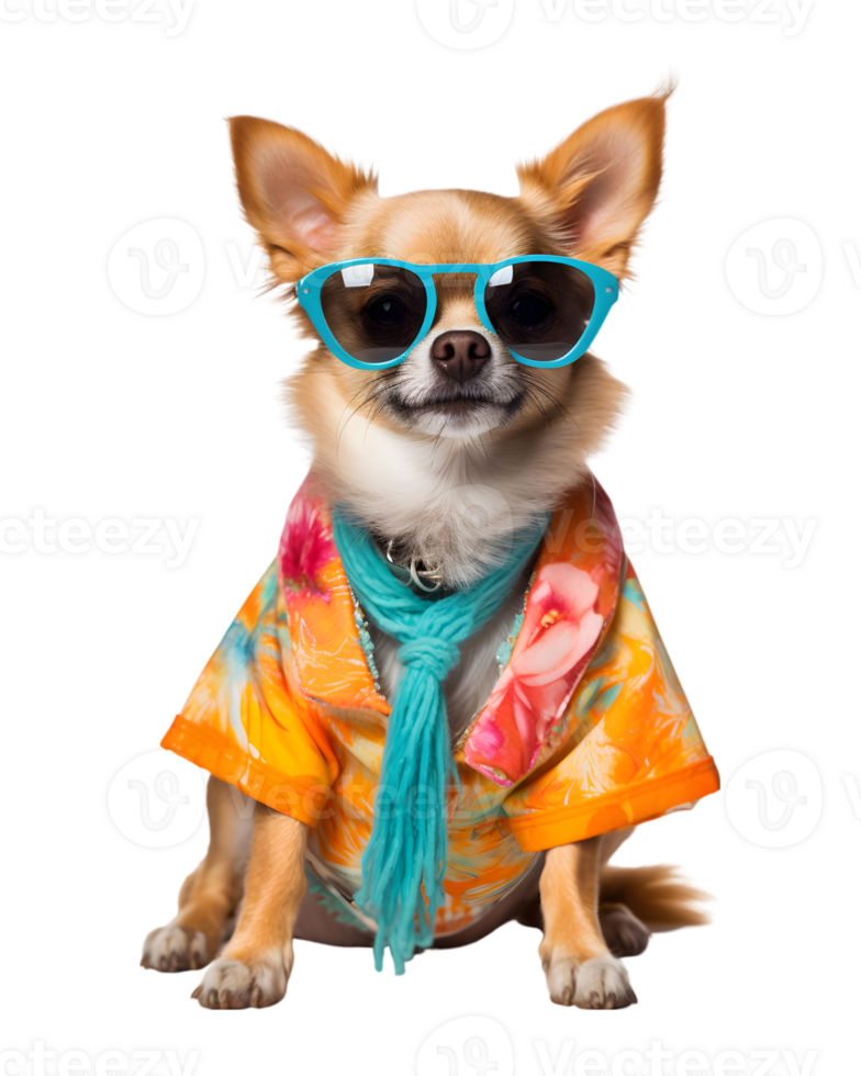 A cool looking dog wearing glasses and fashion clothes poses like a model isolated on a transparent background png