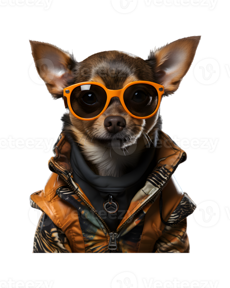 A cool looking dog wearing glasses and fashion clothes poses like a model isolated on a transparent background png