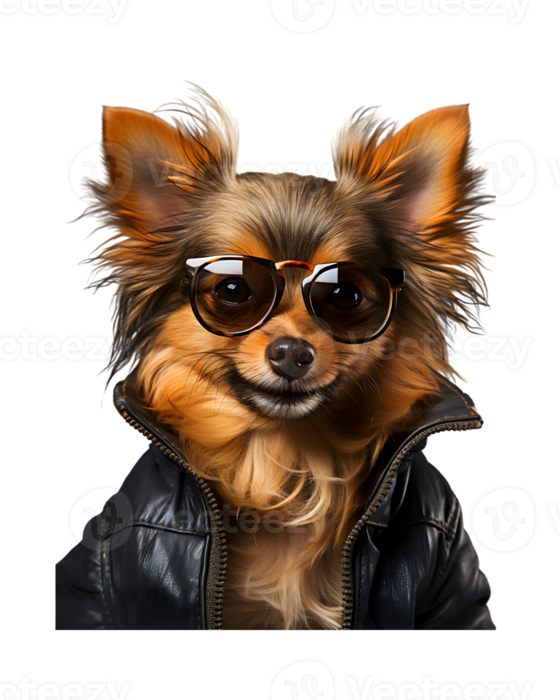 A cool looking dog wearing glasses and fashion clothes poses like a model isolated on a transparent background png