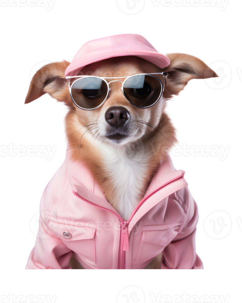 cute dog portrait posing like a model wearing a jacket and glasses isolated on a transparent background png