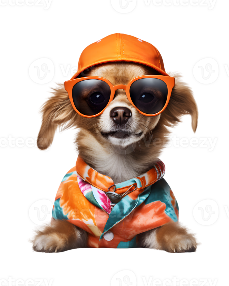 A cool looking dog wearing glasses and fashion clothes poses like a model isolated on a transparent background png